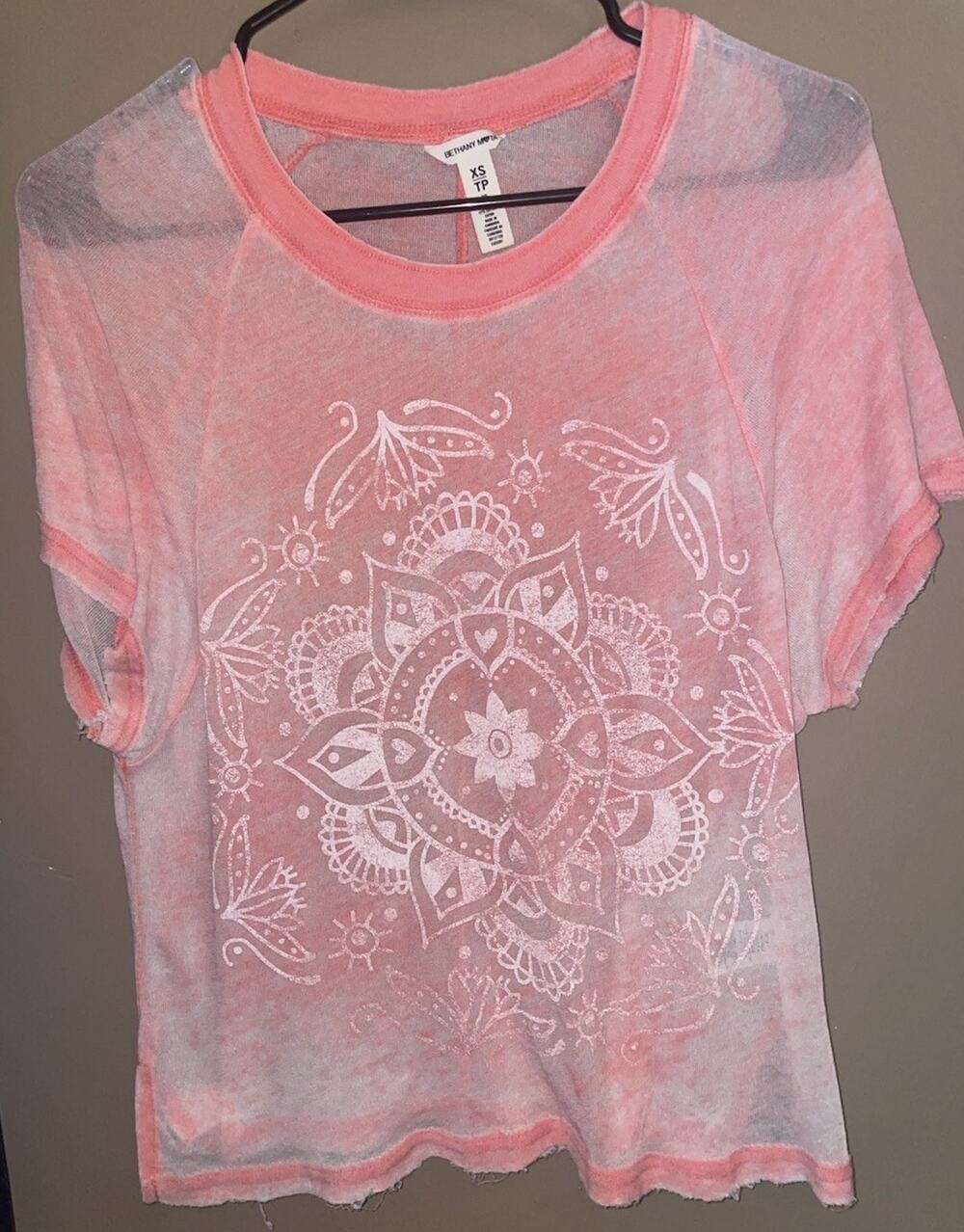 Bethany Mota Short Sleeve Sheer Tshirt Worn Look Sz XS Boho Chic Frayed Ends